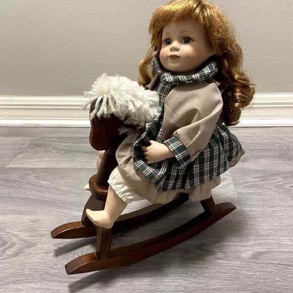 Vintage Porcelain Doll on A Wooden Horse Rocker - Picture 8 of 10